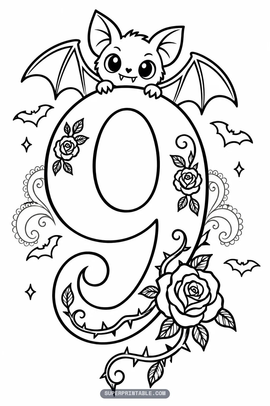 Fluffy bat with a heart nose hugging the top of a number nine with a rose vine around the tail.