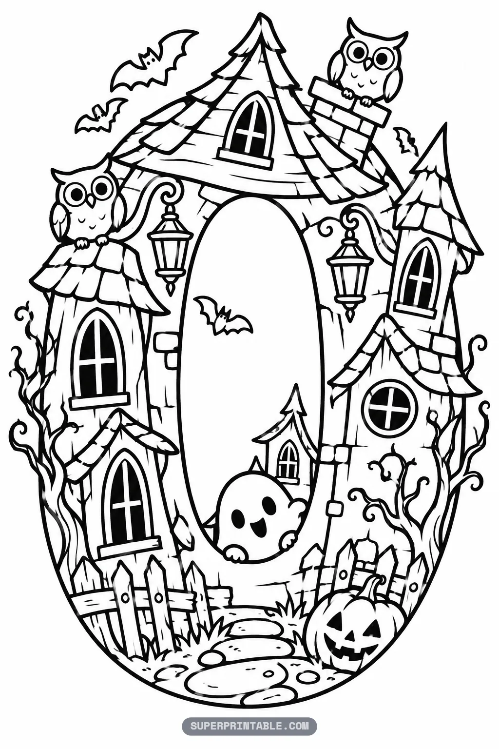Haunted house spooky number zero coloring page with a stone oval house with rooftops, lanterns, a peeking ghost, owls, bats and a jack-o-lantern.