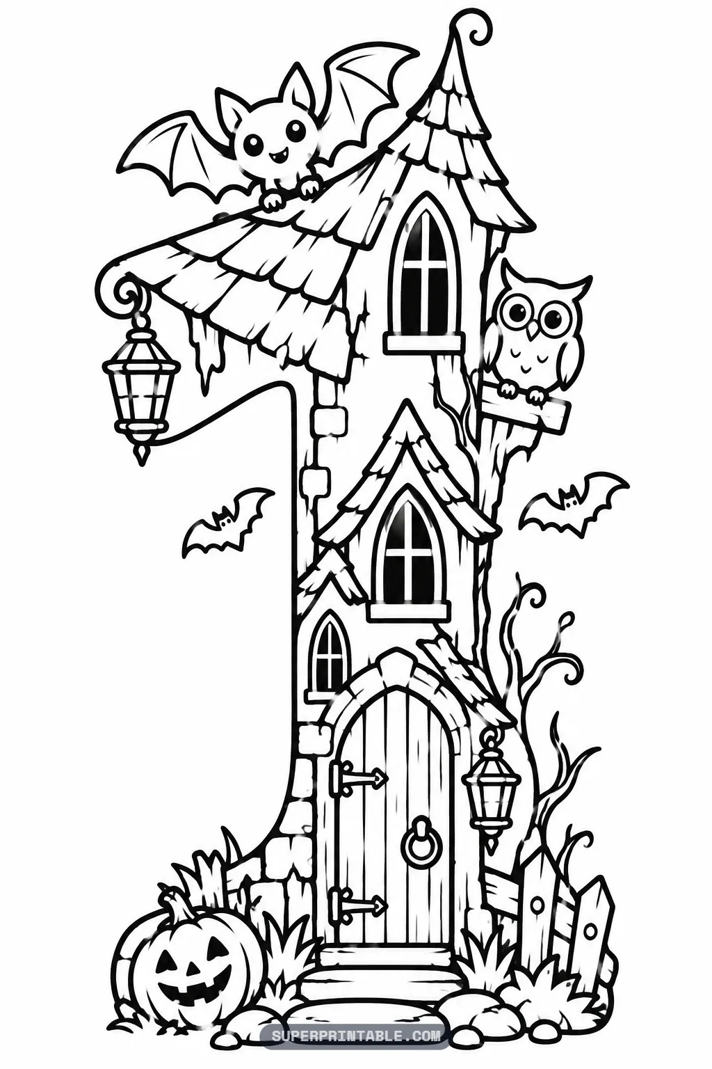 Haunted house spooky number one coloring page with a tall tower shaped like a one with a bat on the roof, an owl, lanterns and a jack-o-lantern.