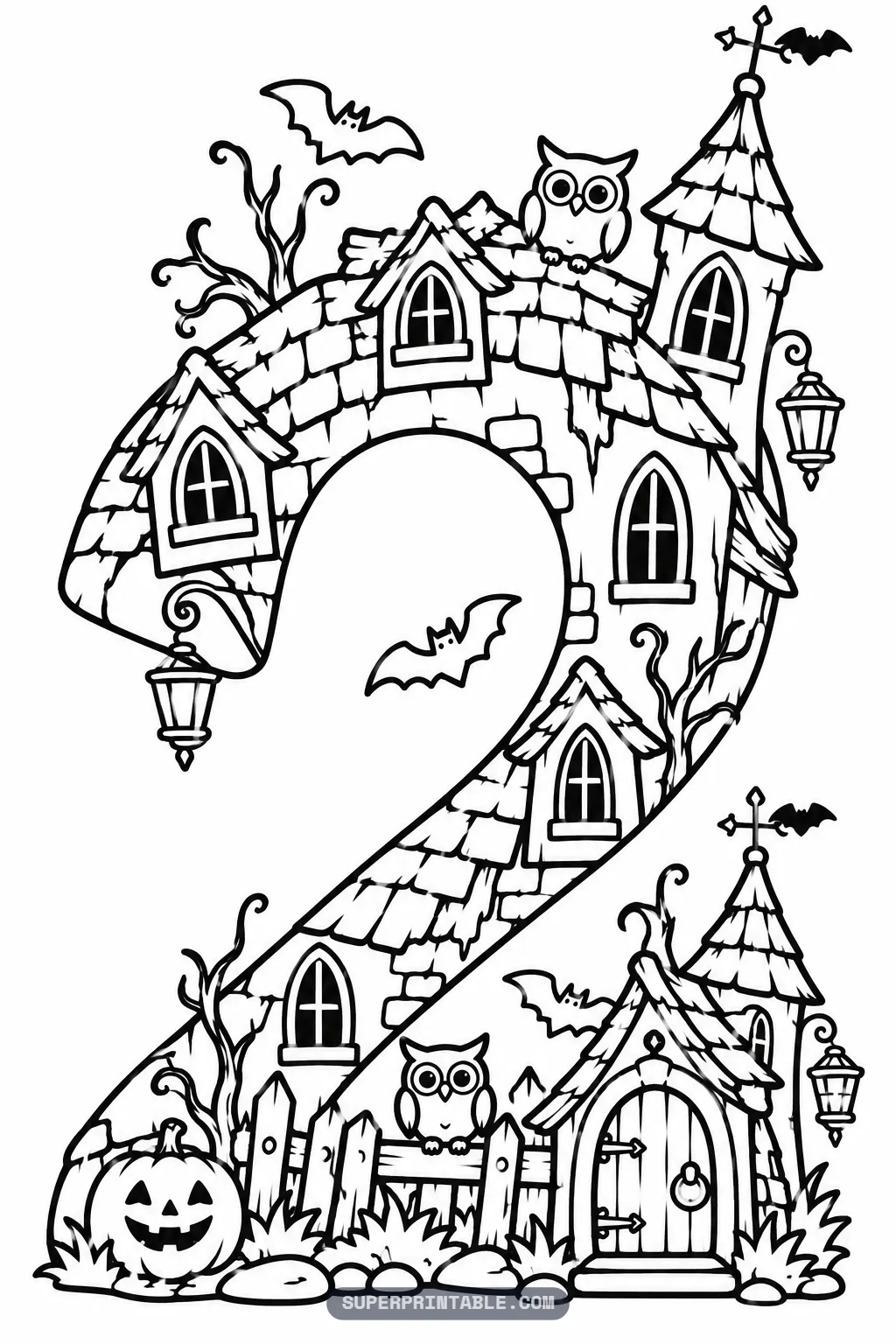 Haunted house spooky number two coloring page with a curved house shaped like a two with towers, owls, bats and a jack-o-lantern.