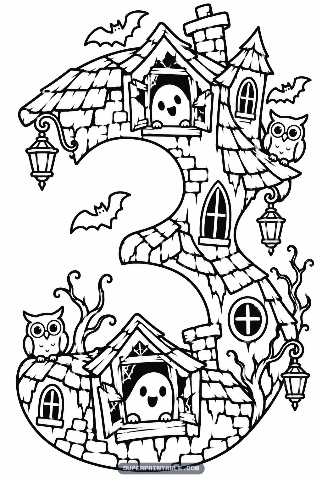 Haunted house spooky number three coloring page with a stone three house with two peeking ghosts, owls, bats and hanging lanterns.