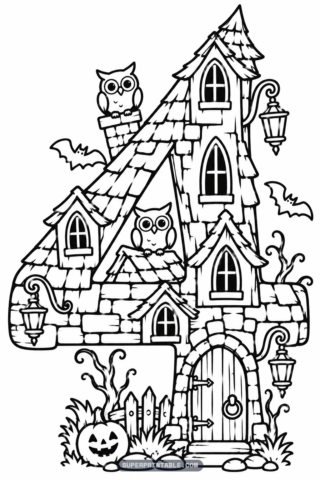 Haunted house spooky number four coloring page with a stone four house with arched windows, owls, bats and a jack-o-lantern by the door.
