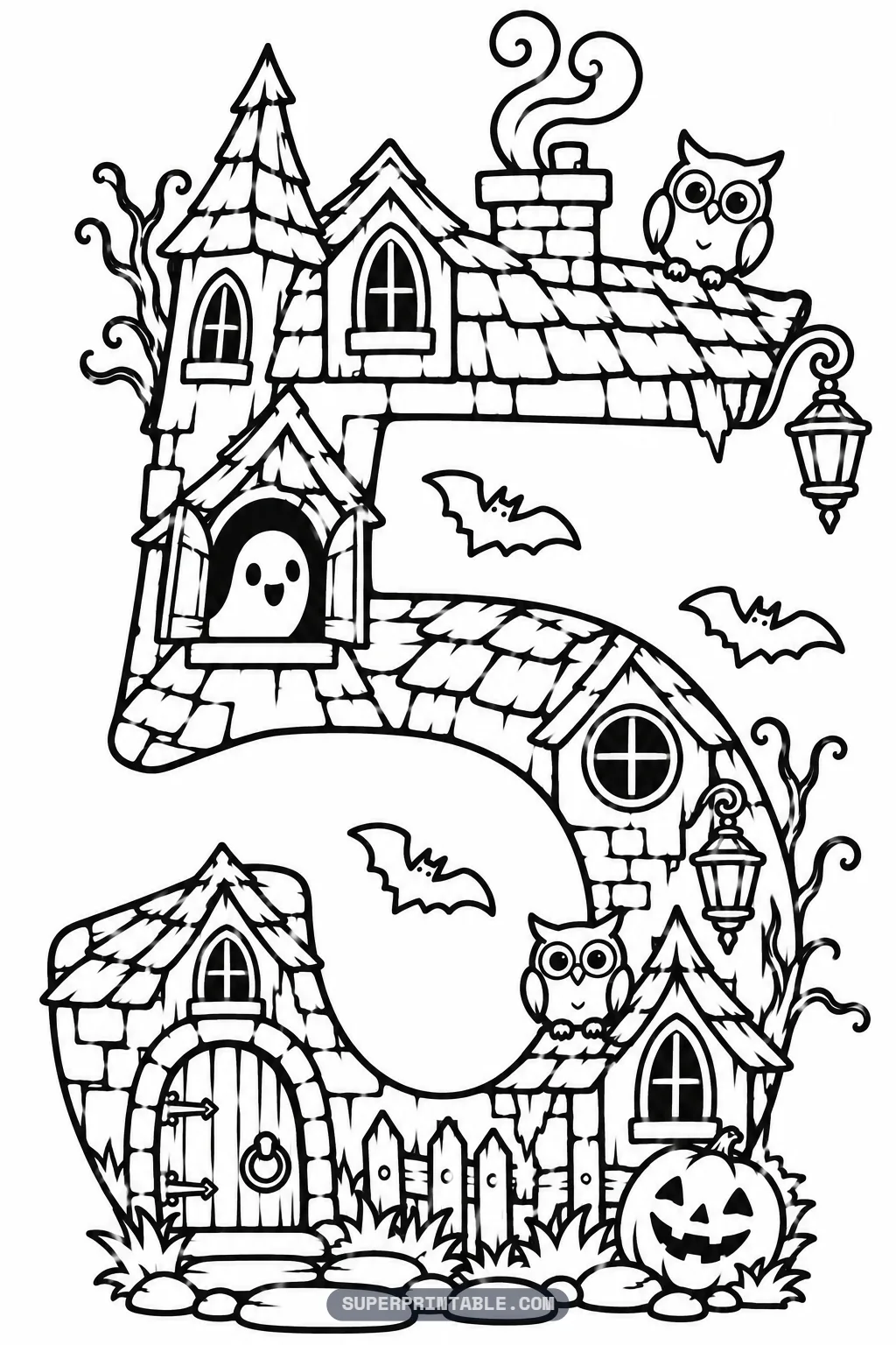 Haunted house spooky number five coloring page with a five shaped house with a peeking ghost, smoking chimney, owls and a jack-o-lantern.