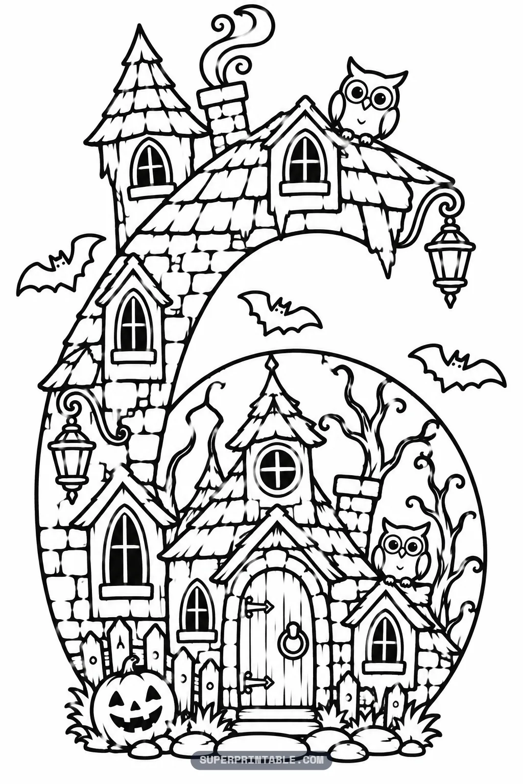 Haunted house spooky number six coloring page with a six shaped house with a tall tower, arched door, owls, bats and a jack-o-lantern.