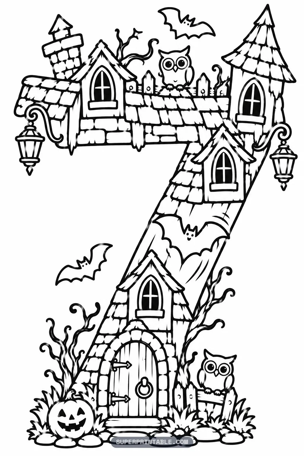 Haunted house spooky number seven coloring page with a seven shaped house with a chimney, turret, owls on fences and a jack-o-lantern.
