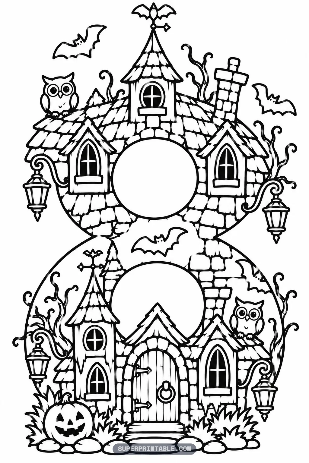 Haunted house spooky number eight coloring page with an eight shaped stone house with open loops, a bat weather vane, owls and a jack-o-lantern.