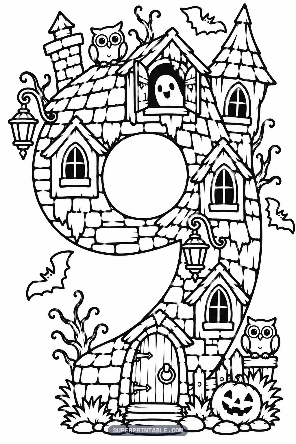 Haunted house spooky number nine coloring page with a nine shaped house with a peeking attic ghost, owls, bats and a jack-o-lantern.