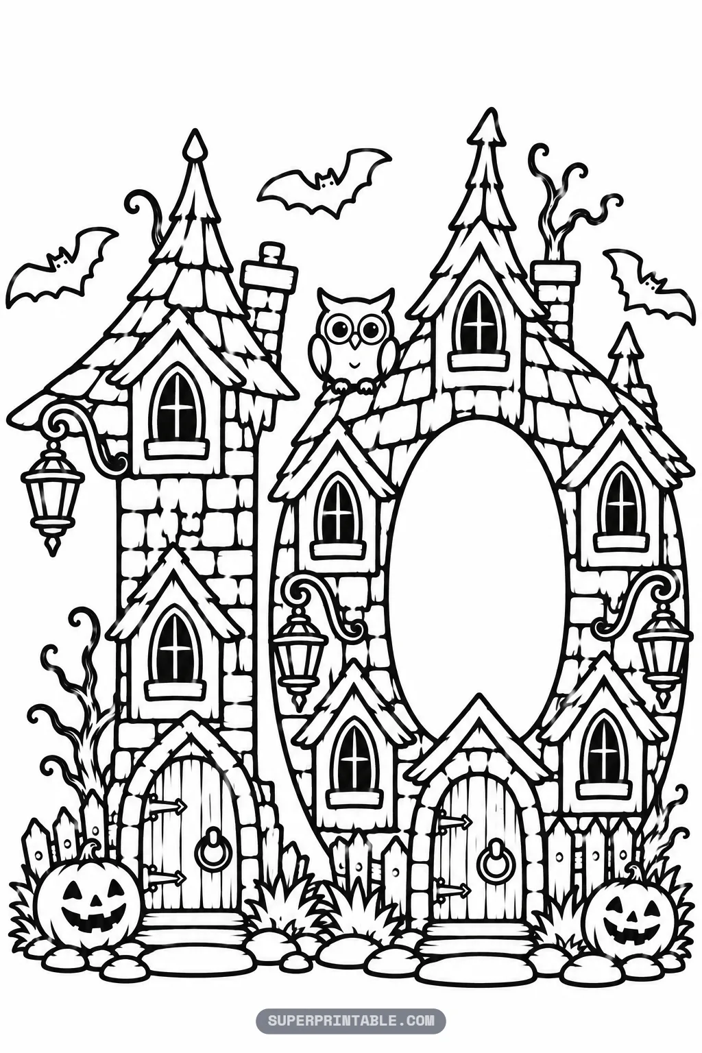 Haunted house spooky number ten coloring page with the number ten as twin stone houses with an owl between them, bats and two jack-o-lanterns.