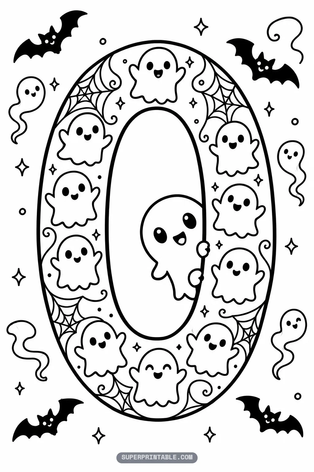 Spooky ghost number zero coloring page with a ring of small smiling ghosts and a bigger ghost peeking out of the center.