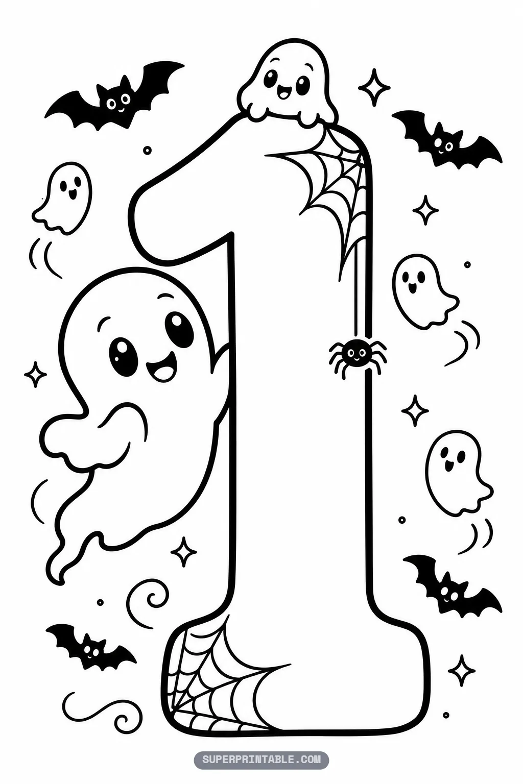Spooky ghost number one coloring page with a big ghost peeking around the digit and a small ghost sitting on top.