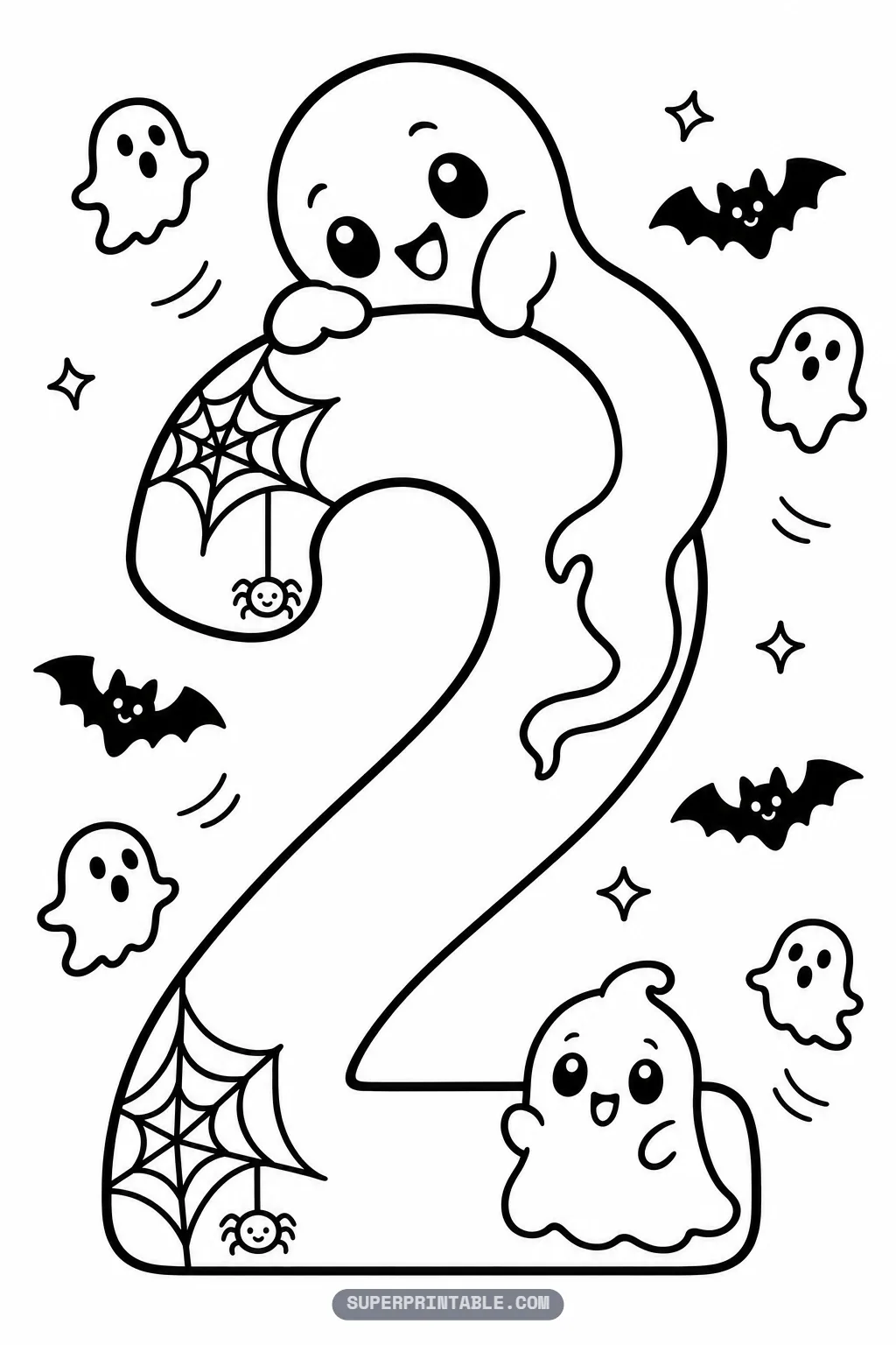 Spooky ghost number two coloring page with a ghost draped over the top and a small ghost at the base.