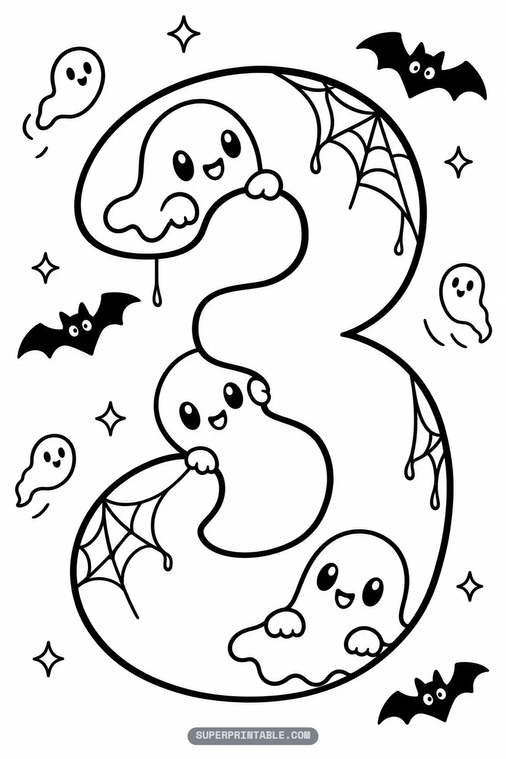Spooky ghost number three coloring page with three smiling ghosts inside the digit and dripping spider webs.
