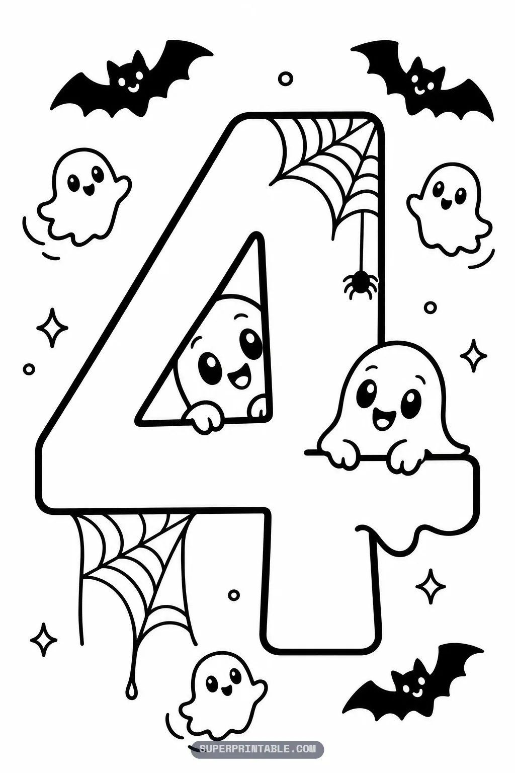 Spooky ghost number four coloring page with one ghost peeking from the triangle opening and another on the crossbar.