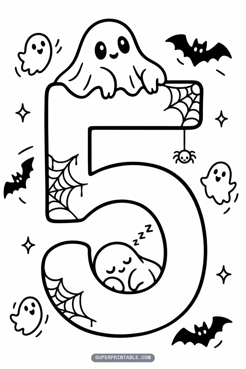 Spooky ghost number five coloring page with a ghost draped over the top bar and a sleeping ghost inside the curve.