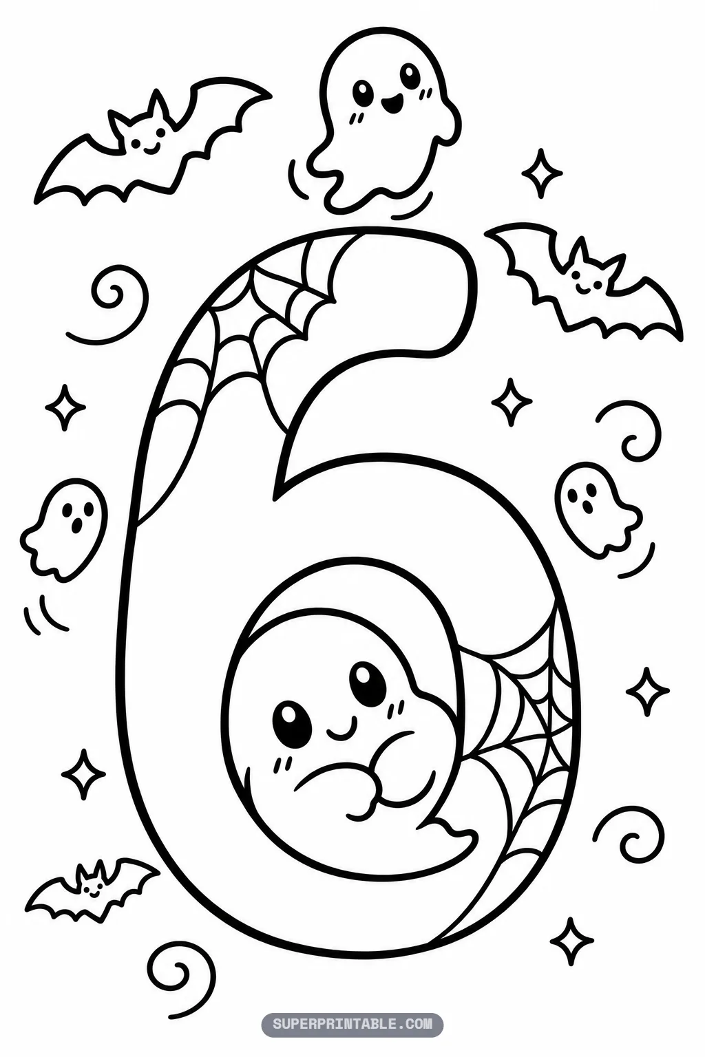 Spooky ghost number six coloring page with a ghost curled inside the loop and another ghost floating above.