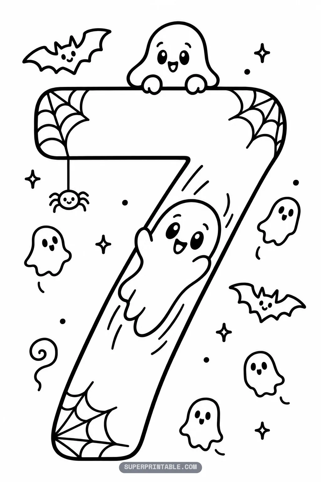 Spooky ghost number seven coloring page with a ghost sliding down the digit and another peeking over the top.