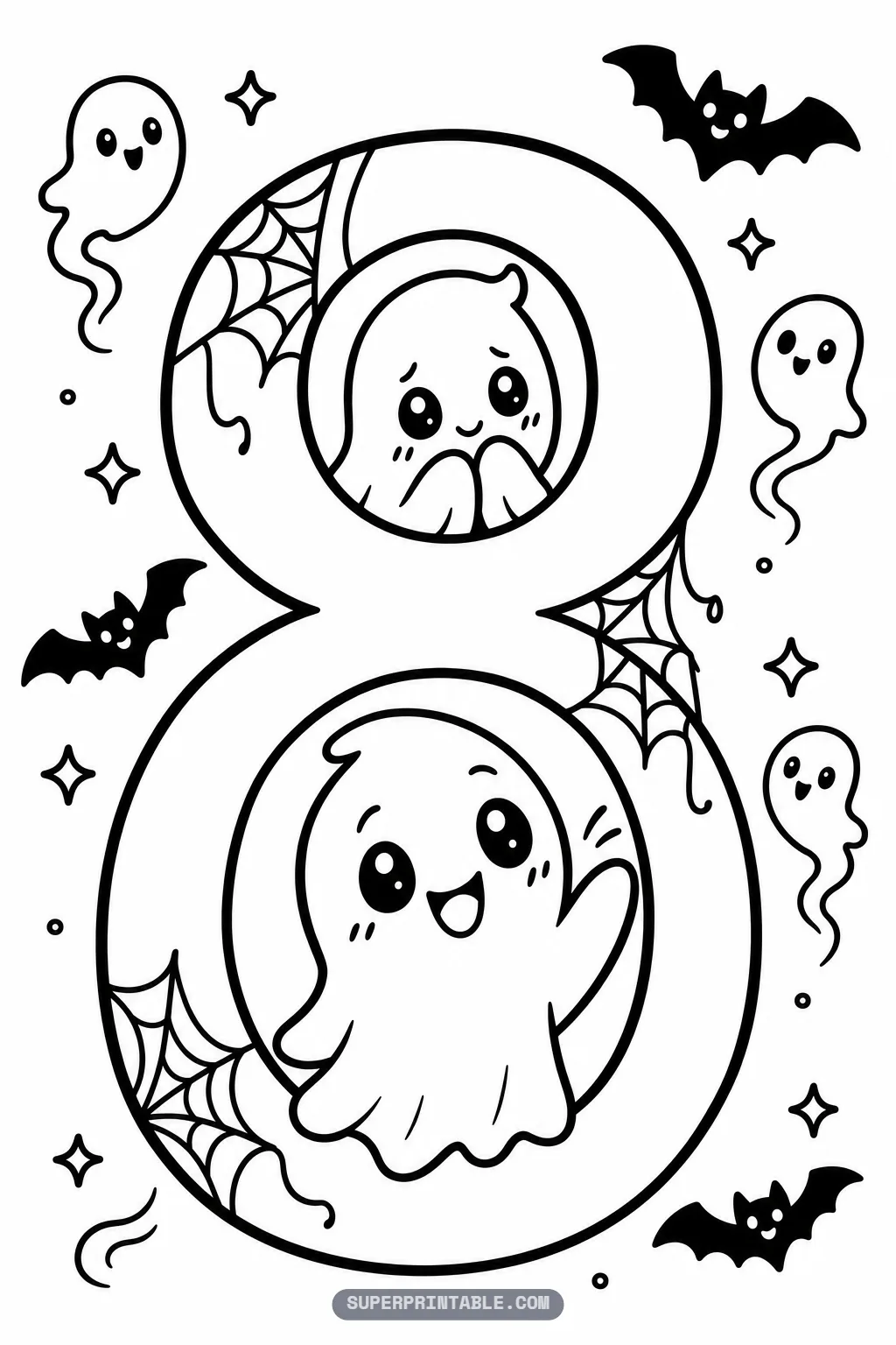 Spooky ghost number eight coloring page with a shy ghost in the top loop and a waving ghost in the bottom loop.