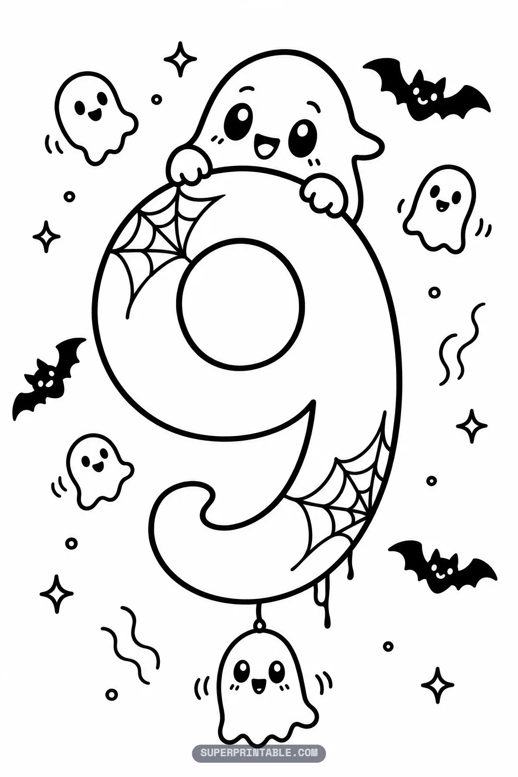 Spooky ghost number nine coloring page with a ghost peeking over the top and a small ghost hanging below the digit.