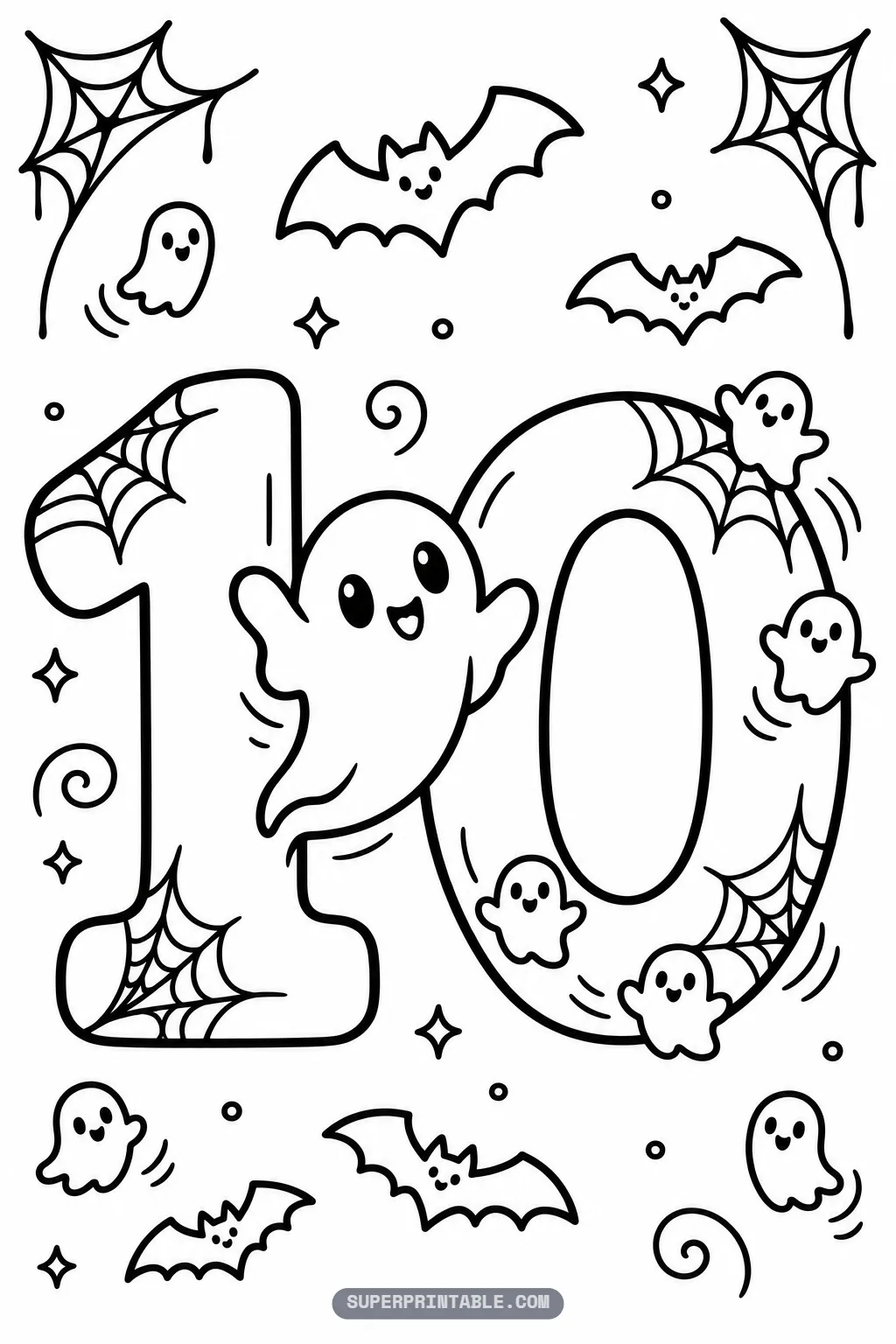 Spooky ghost number ten coloring page with a big waving ghost between the one and zero and small ghosts around them.