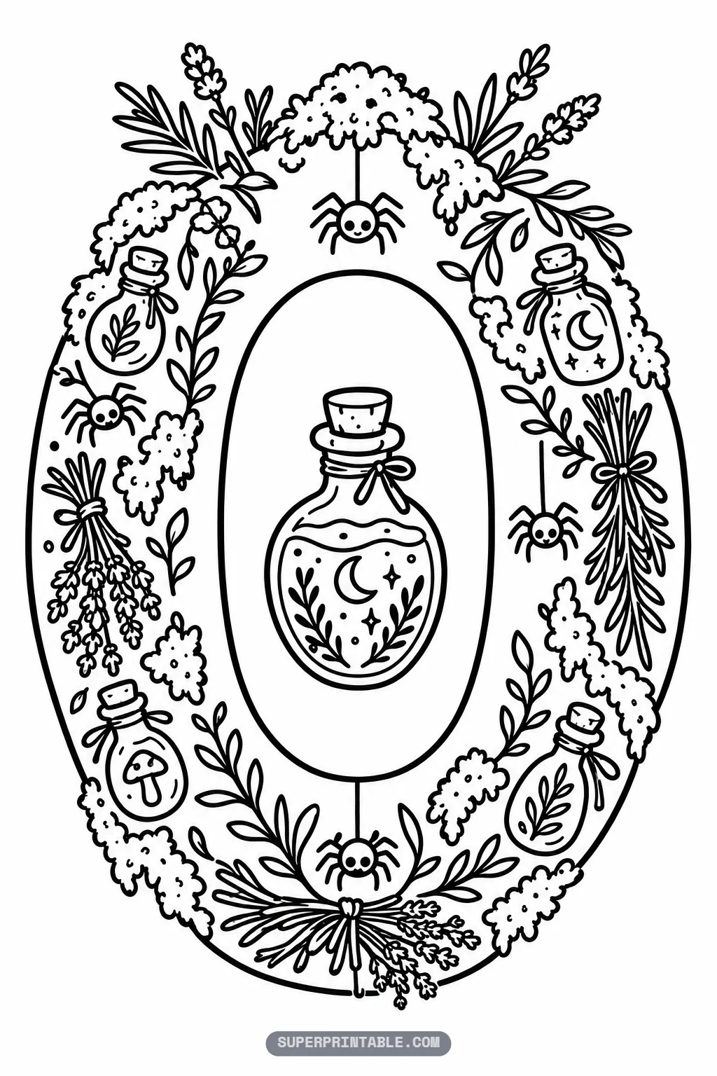 Witchy halloween number coloring pages featuring a number zero filled with herbs, potion bottles and smiling spiders.