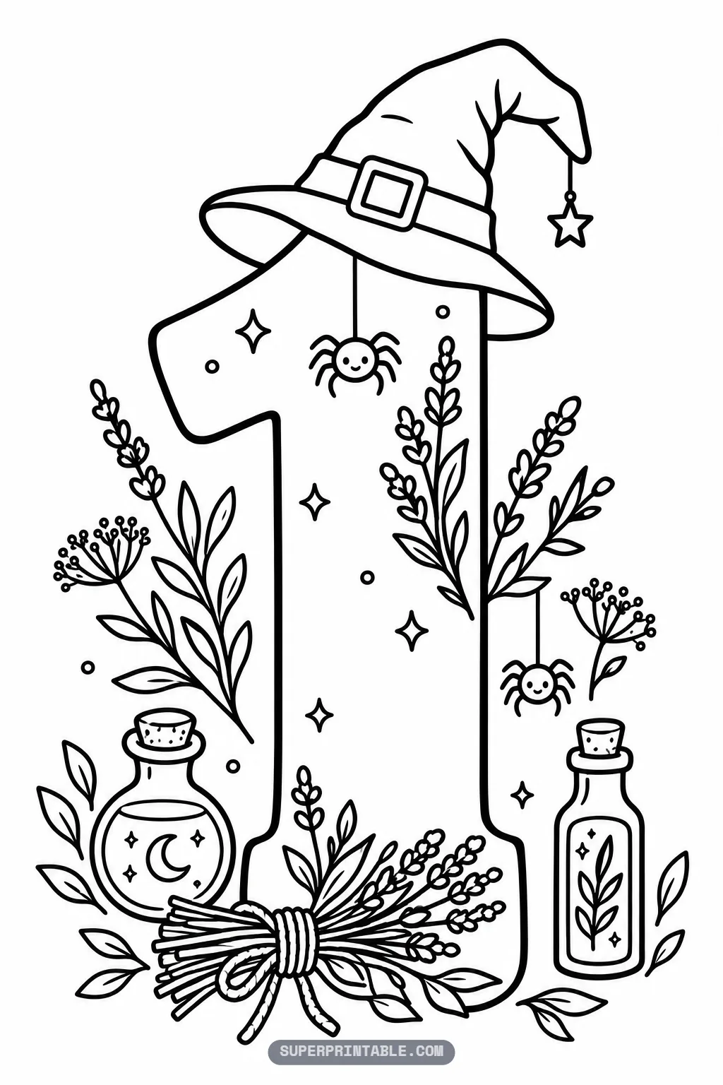 Printable witchy halloween number coloring pages with a witch hat on top of a number one and potion bottles at the base.