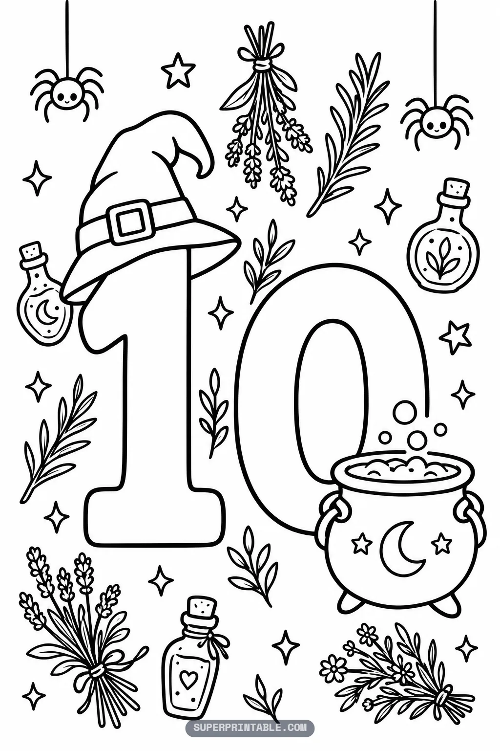 Witch hat on the number one and a bubbling cauldron beside the zero in a number ten scene.