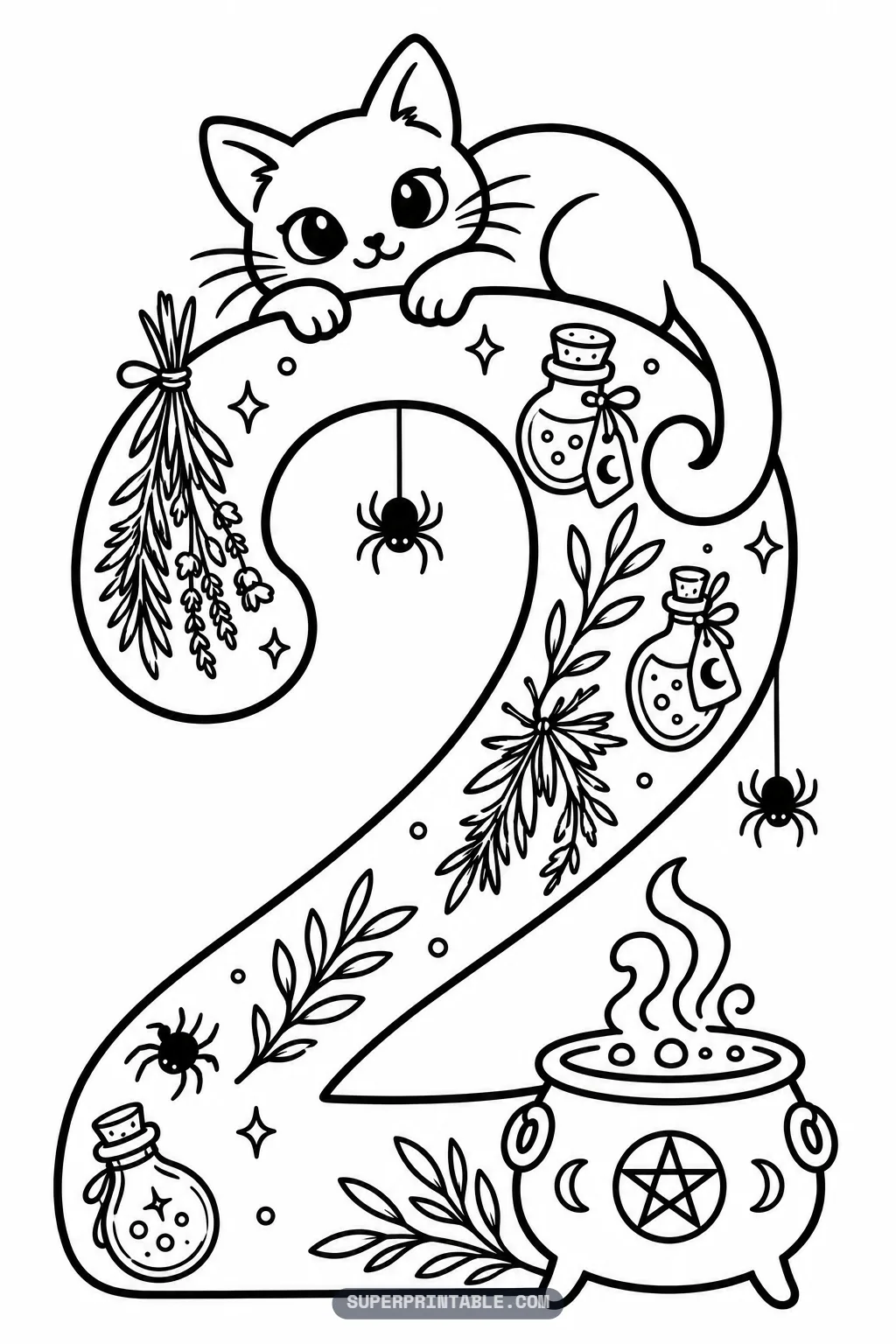 Cute cat resting on top of a number two with a bubbling cauldron and hanging herbs.