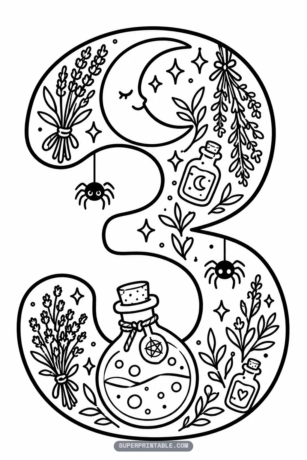 Number three with a sleepy crescent moon, a large potion bottle and lavender bundles.
