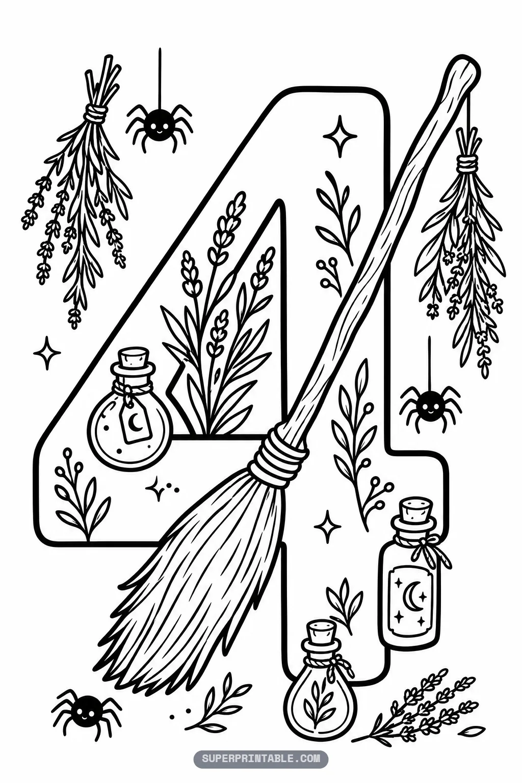 Witch broom leaning across a number four with hanging herbs, potion bottles and spiders.