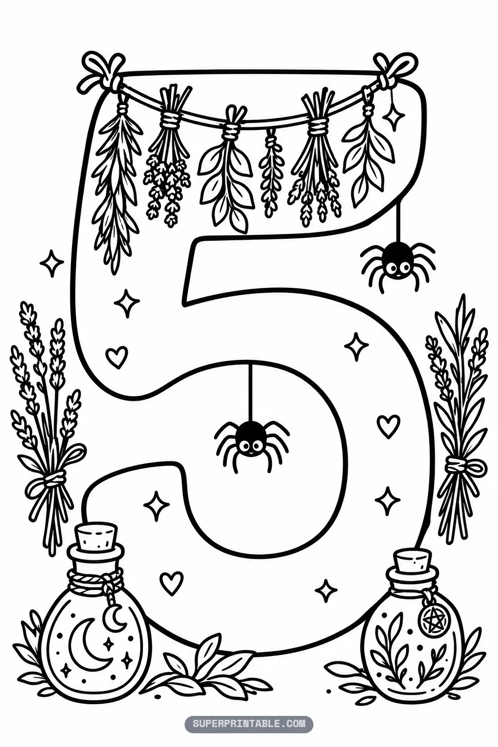 Number five with a garland of drying herbs, a hanging spider and two potion bottles.