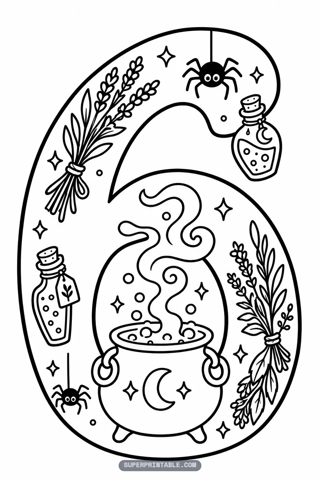 Bubbling cauldron with a crescent moon inside a number six with herbs and potion bottles.