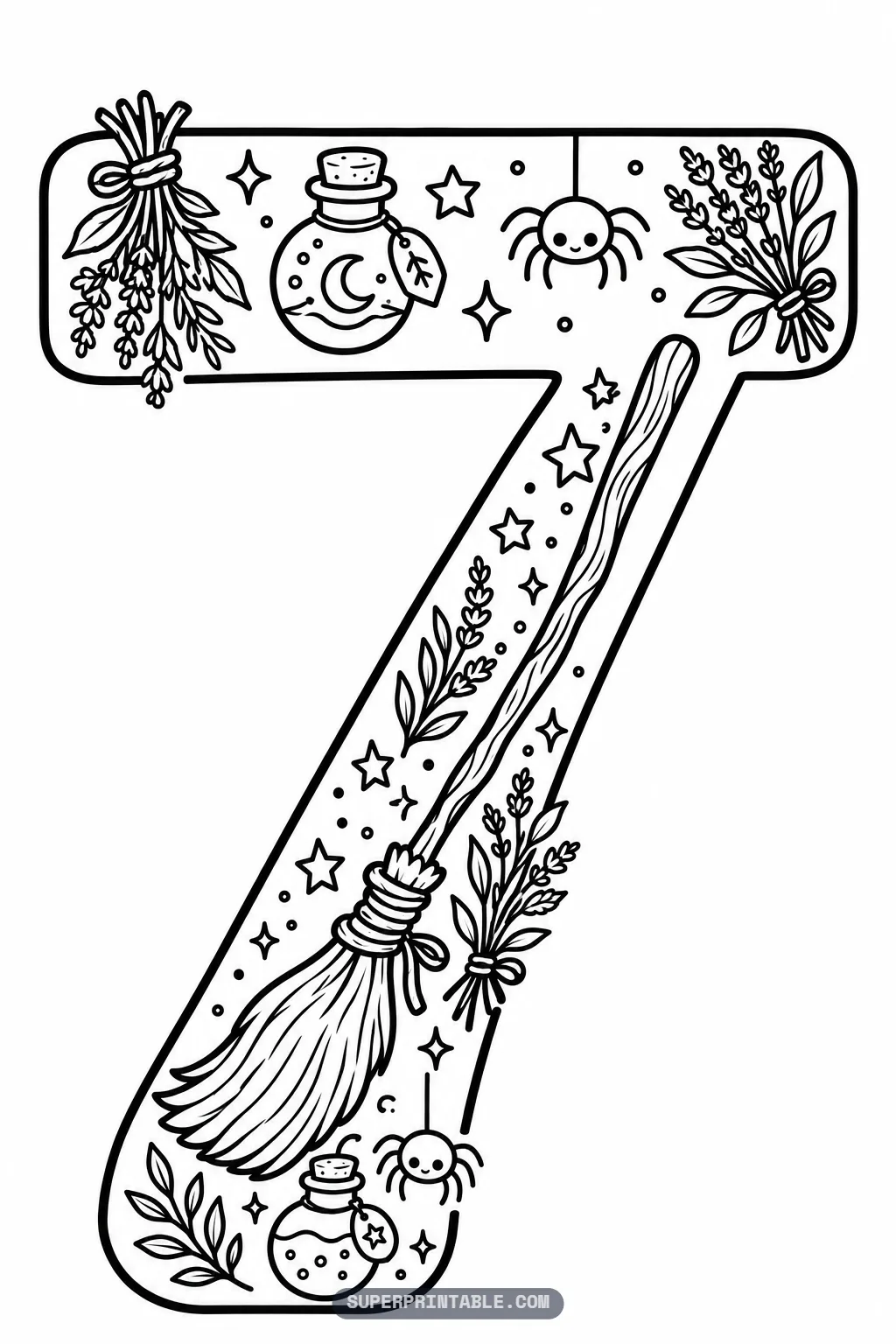 Witch broom along the stem of a number seven with stars, herbs and a potion bottle.