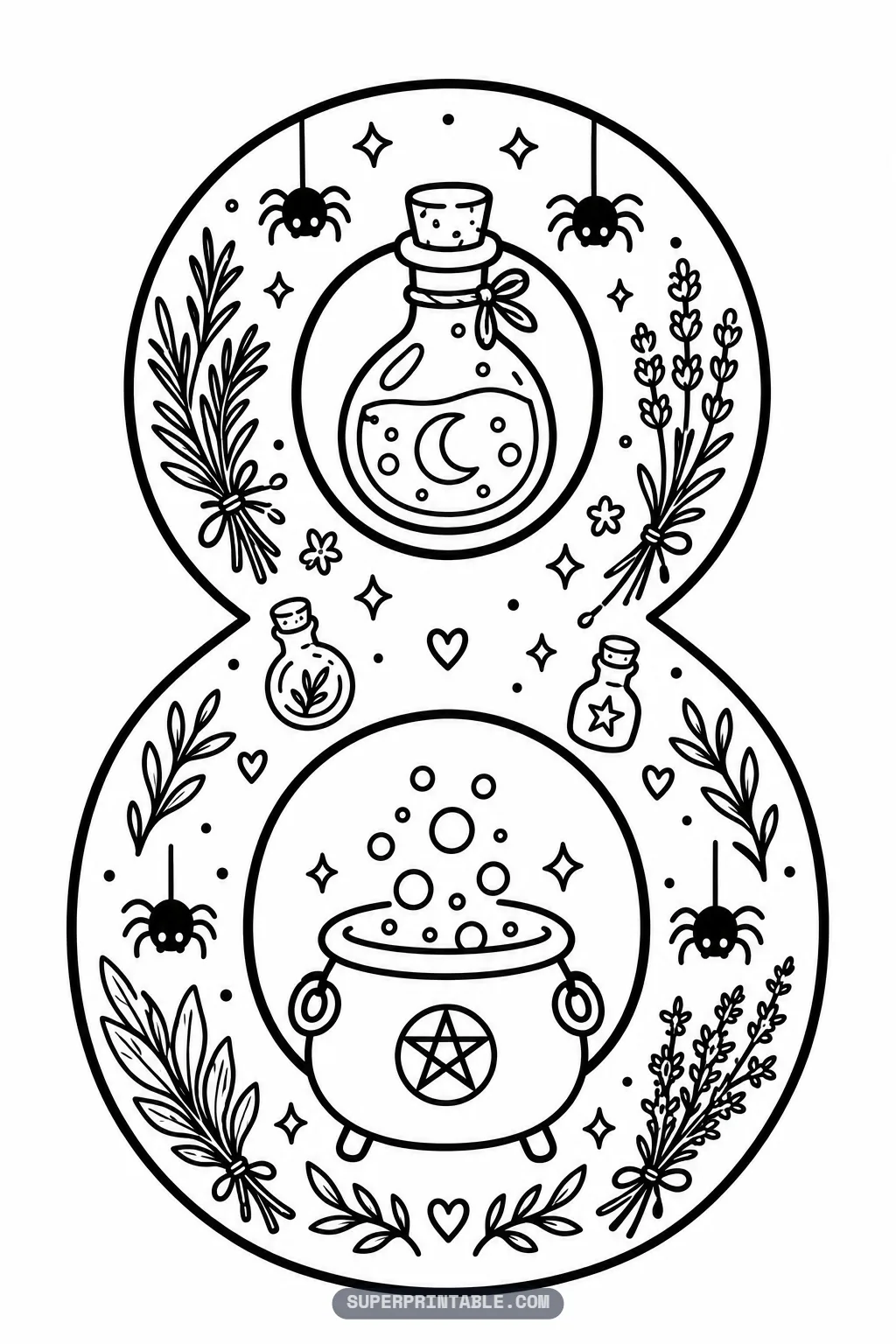 Number eight with a potion bottle in the top loop and a cauldron in the bottom loop.