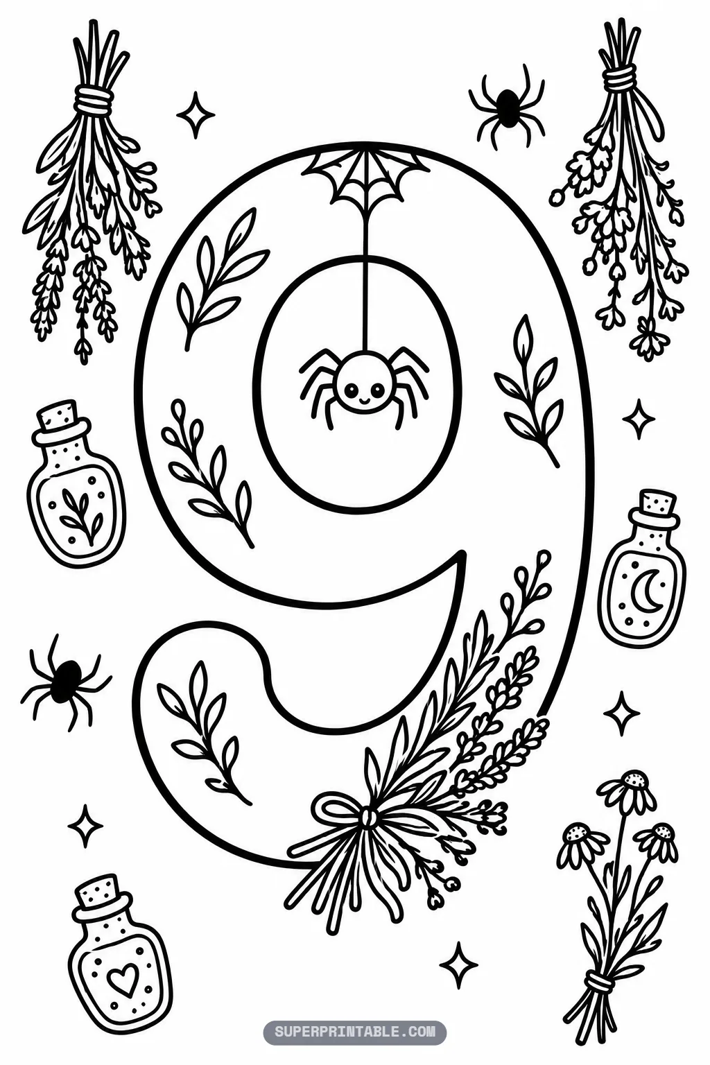 Smiling spider hanging from a web inside a number nine with herb bundles and potion bottles.