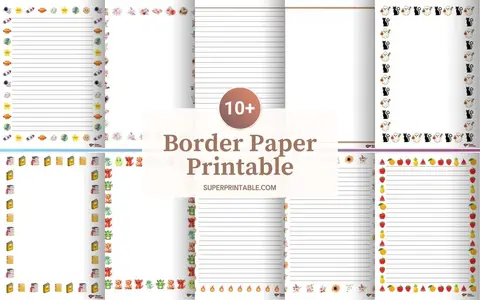 Collage of printable border papers with various themes, including emojis, flowers, books, and Halloween, overlaid with "10+ Border Paper Printable" text.