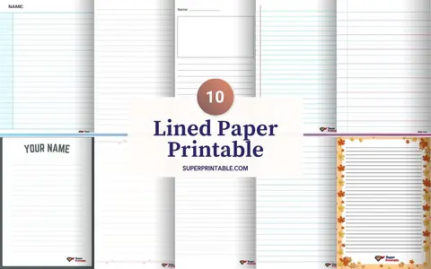 "Collage of 10 printable lined paper designs from SuperPrintable.com, featuring various layouts and styles, including seasonal leaf borders."
