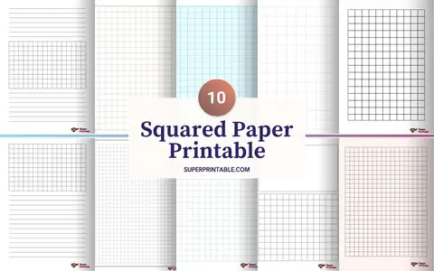 A variety of ten squared paper printable designs displayed in a grid layout. Each design features different line and grid sizes, perfect for note-taking or drawing.