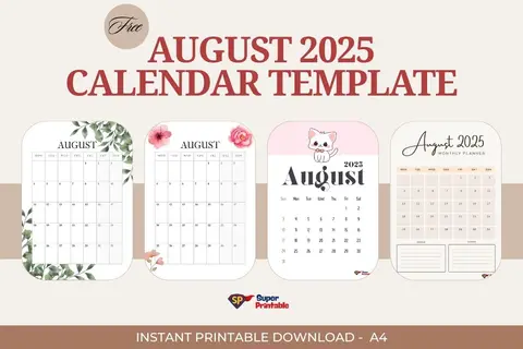 Four August 2025 calendar templates with floral and cat designs. The top text says "August 2025 Calendar Template" and "Instant Printable Download - A4."