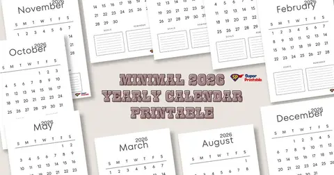 Minimal 2026 yearly calendar layout with simple black text on white background. Includes sections for goals and reminders. Title in bold, stylish font.