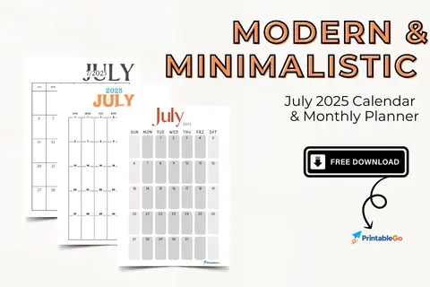 Minimalistic July 2025 Calendar & Monthly Planner: Free Printable
