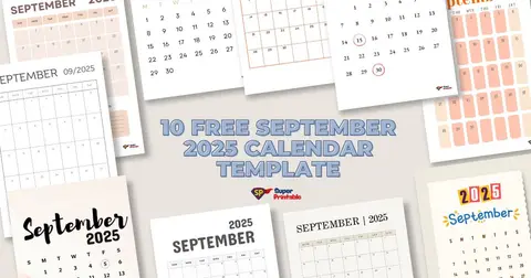 Collage of 10 different September 2025 calendar templates in various styles, centered around bold text: "10 Free September 2025 Calendar Template." Neutral background.
