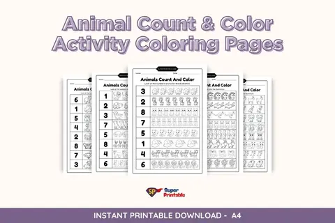 6 Animal Count & Color Activity Coloring Pages