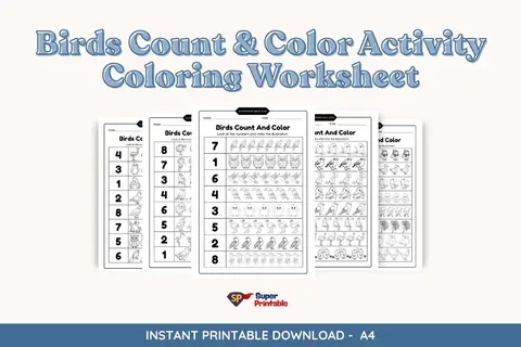 9 Birds Count & Color Activity Coloring Worksheet