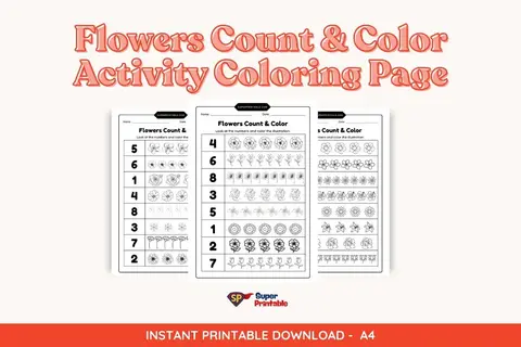 Flowers Count & Color Activity Coloring Page