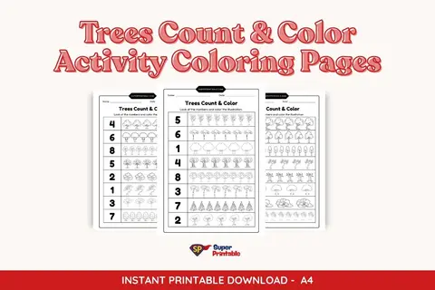 Trees Count & Color Activity Coloring Pages