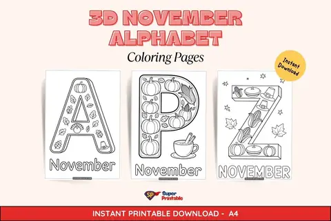 3D November Alphabet Coloring Pages