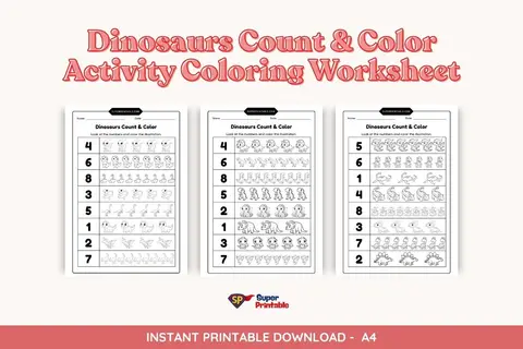 Dinosaurs Count & Color Activity Coloring Worksheet