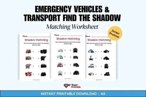 Emergency Vehicles & Transport Find The Shadow Matching Worksheet Feature Image