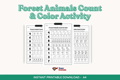 Forest Animals Count & Color Activity Coloring Pages