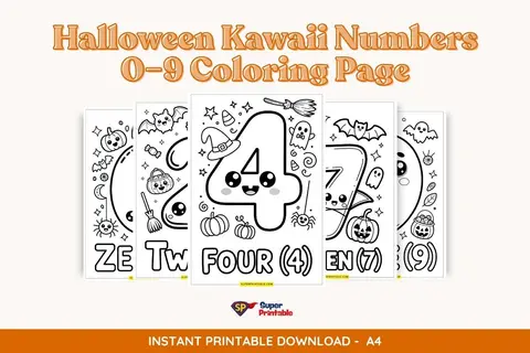 Halloween Kawaii Numbers 0–9 Coloring Page